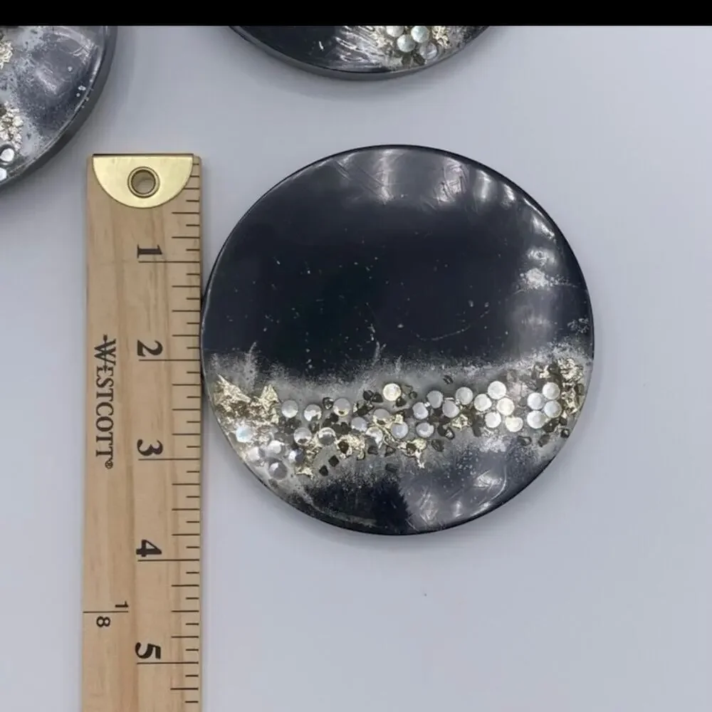Handmade Black Resin Coasters with Silver Foil & Rhinestones | Set of 6